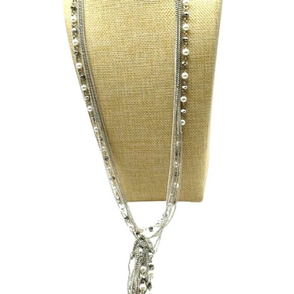 Faux Pearl Crystal Necklace Beaded Multi-Strand Layered Tassel Silver-tone Chain - Picture 3 of 16